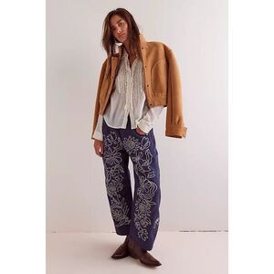 Free People Good Luck Soutache Barrel Jeans  Size 27S Mood Indigo NWT